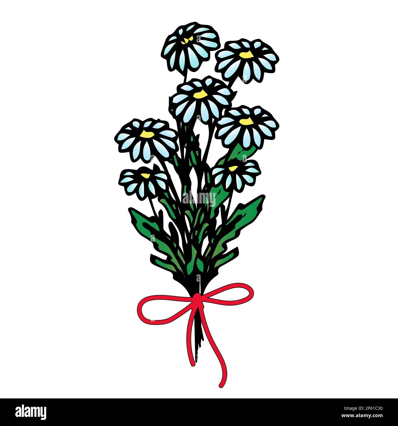 Blumenstrauß mit einem roten Band gebunden, Blumenarrangement, florales Design, Vektorblumen im Stil der Hand zeichnen, Doodle. Stock Vektor