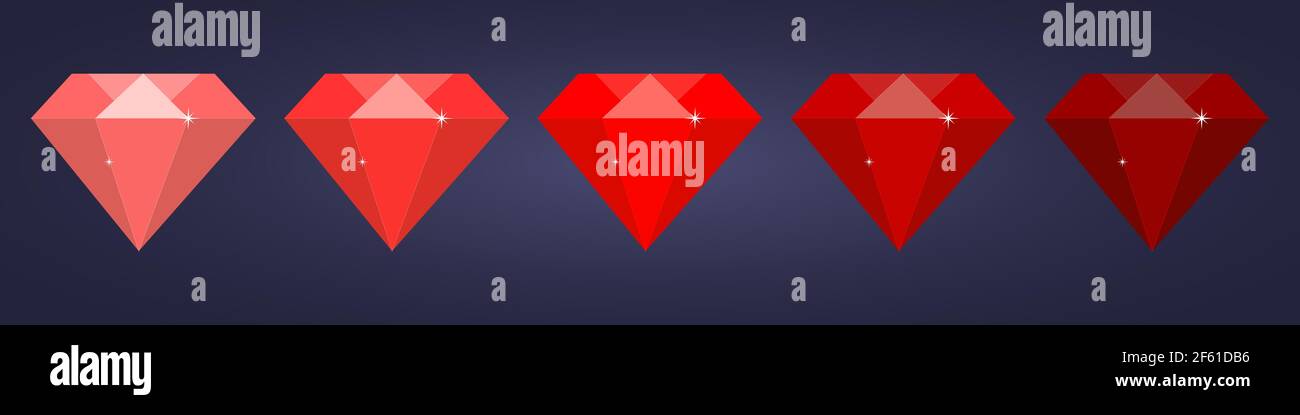 Set aus rotem flachen Diamanten auf dunklem Hintergrund Stock Vektor