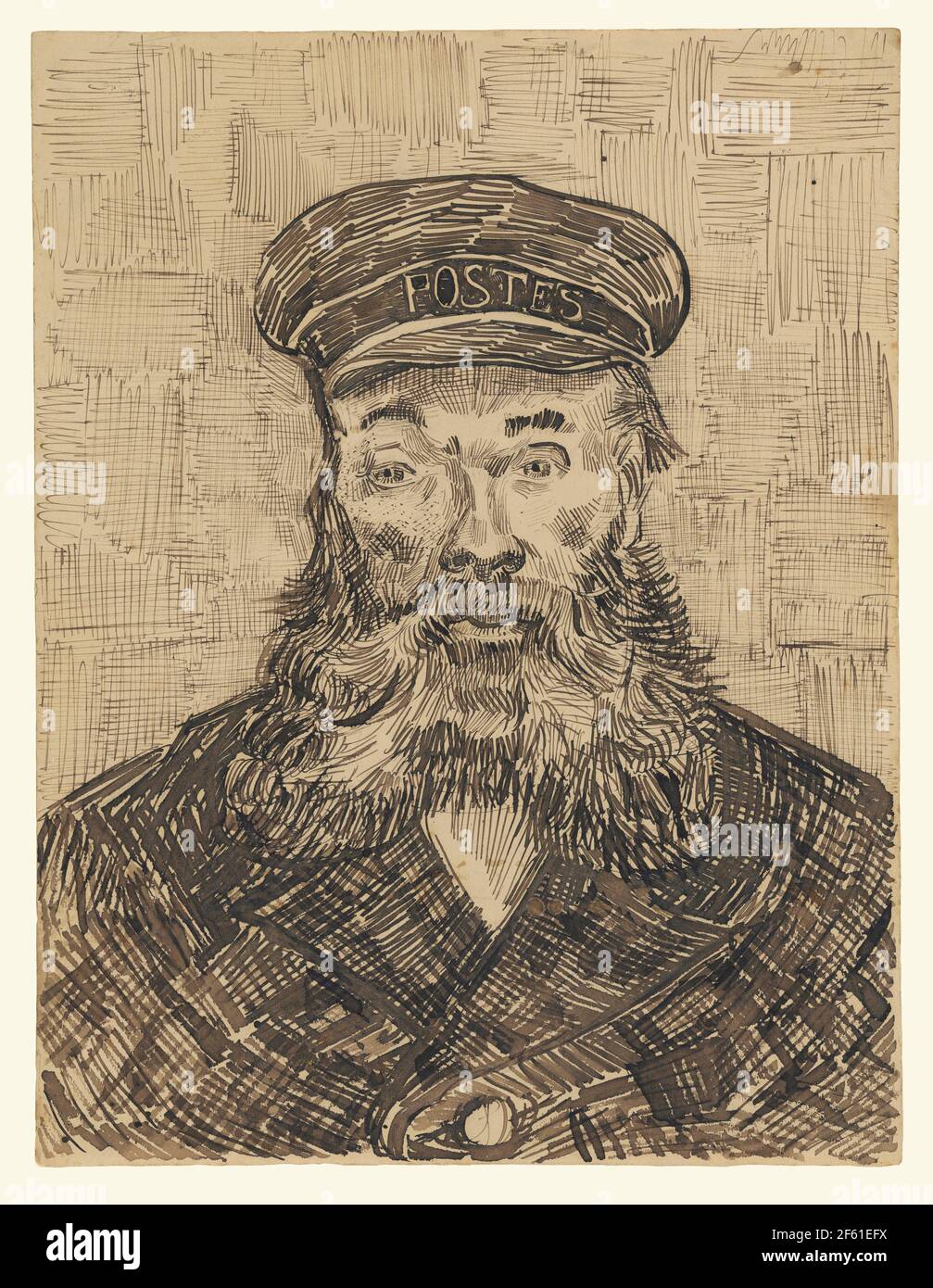 Porträt von Joseph Roulin von Vincent van Gogh. Vincent van Gogh, 1853 - 1890, niederländischer Post-Impressionist-Künstler. Joseph Roulin war ein enger Freund von van Gogh's während seiner Zeit in Arles. Van Gogh malte viele Porträts von Joseph und auch von seiner Frau und Familie. Dieser Stift mit brauner Tinte über schwarzem Kreideportrait befindet sich in der Sammlung des J.Paul Getty Museums in Los Angeles. Stockfoto