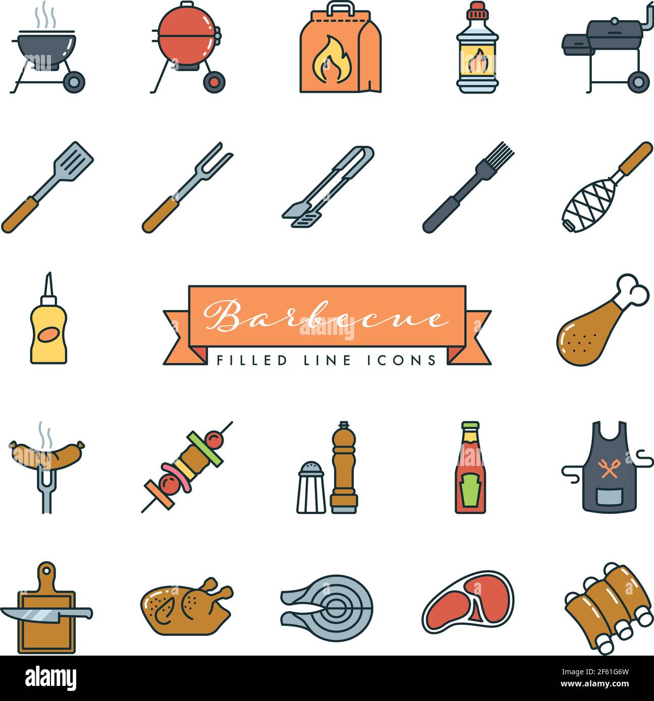 Barbecue Vektor gefüllt Linie Symbole Sammlung. Set von 20 BBQ-Ausrüstung und Lebensmittel flache Farbe Symbole Stock Vektor