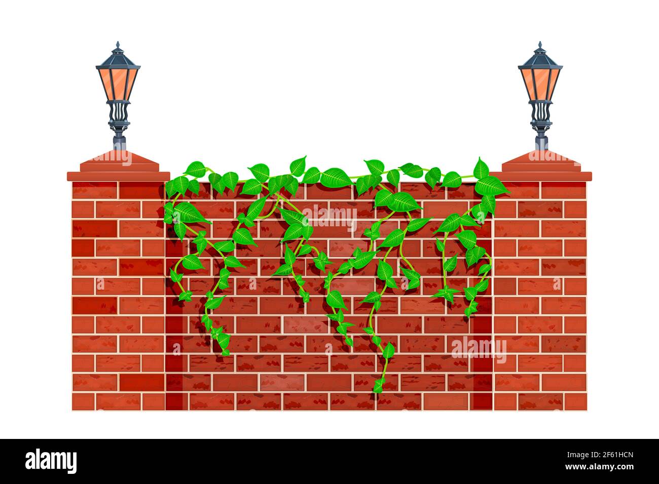 Zaun mit Kletterpflanze. Lianen oder Efeu auf rotem Ziegelzaun oder Wand. Stadtpark oder Garten Mauerwerk Barriere mit Straßenlaternen und Kräuterblätter. Vektor Stock Vektor