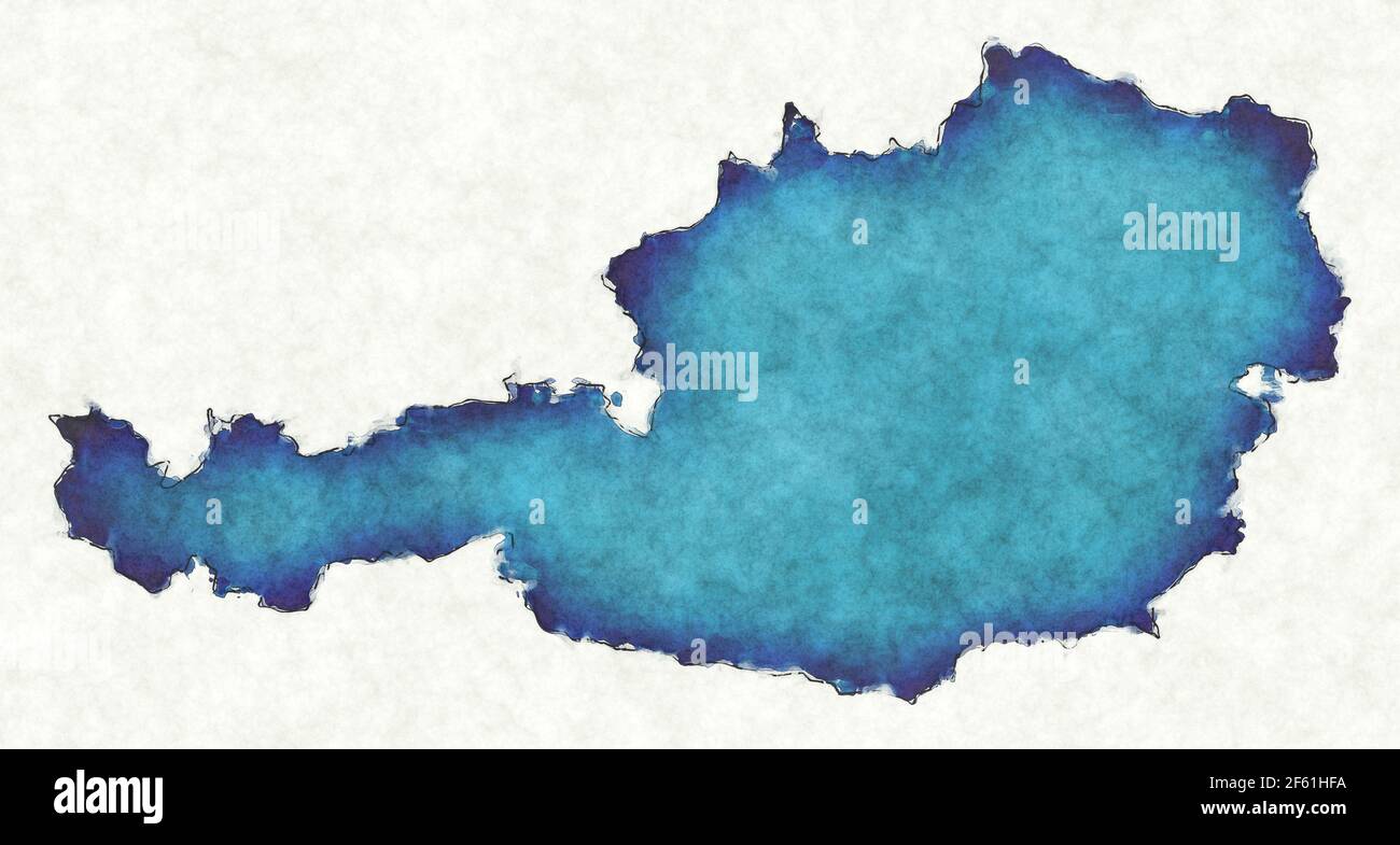Österreich-Karte mit gezeichneten Linien und blauer Aquarell-Illustration Stockfoto