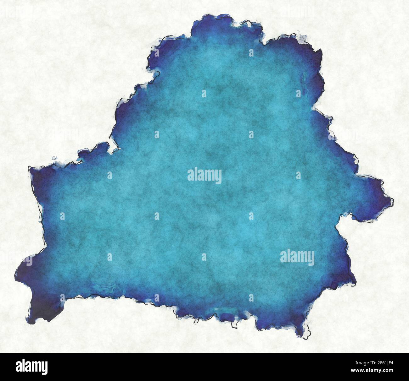 Weißrussland-Karte mit gezeichneten Linien und blauer Aquarell-Illustration Stockfoto