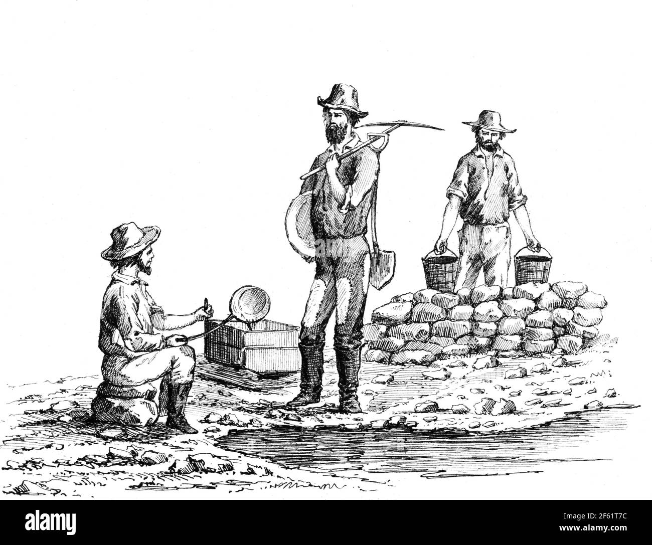 Goldminer mit Ausrüstung, Kalifornien, 1850er Jahre Stockfoto