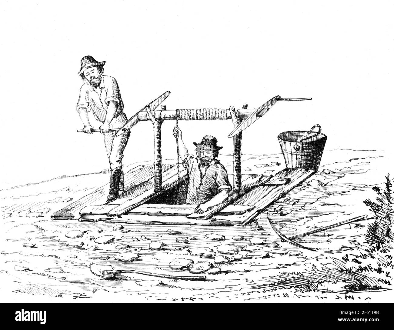 Betreten des Minenschachtes, Goldrausch, Kalifornien, 1850er Jahre Stockfoto
