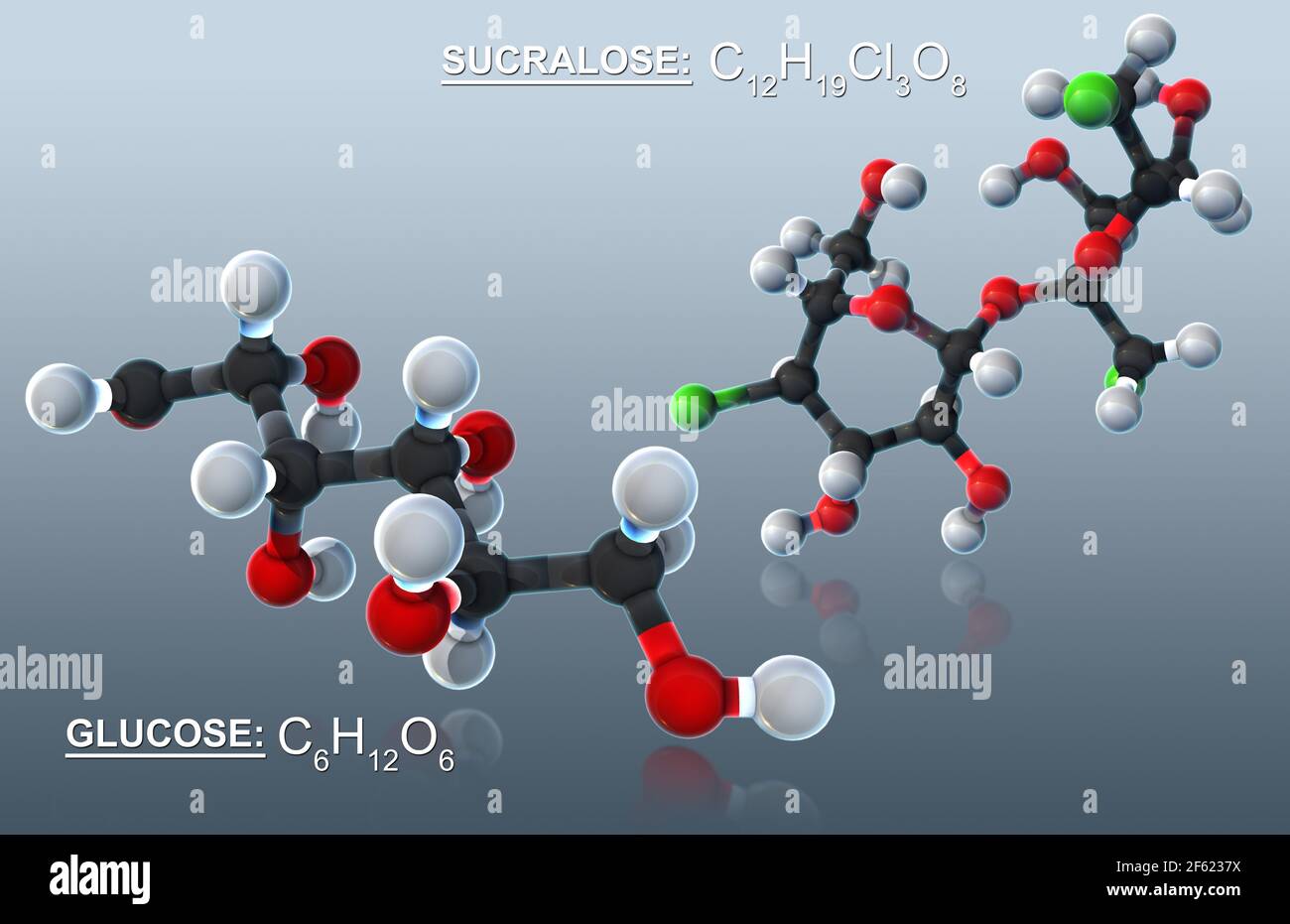 Glukose und Sucralose, Molekulares Modell Stockfoto