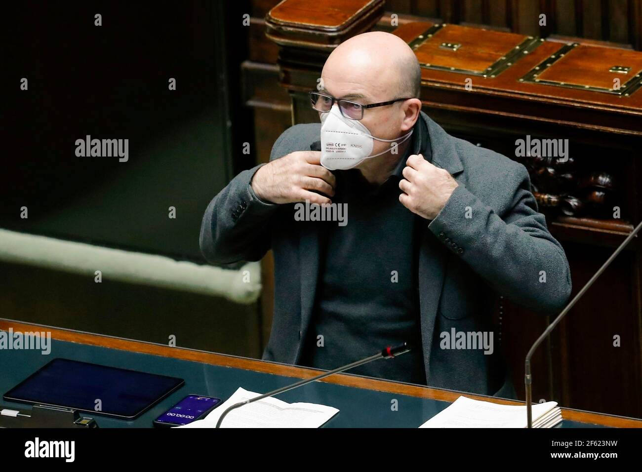 Italien, Rom, 24. März 2021: Roberto Cingolani, Minister für ökologischen Wandel, nimmt an der Sitzung der Kammer zur Fragestunde Teil. Stockfoto