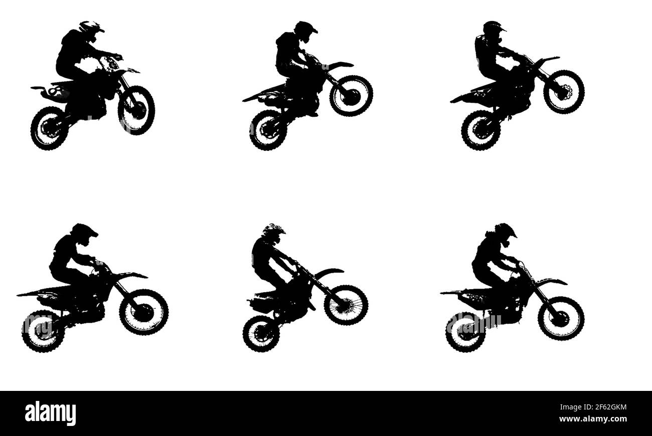 Schwarze Silhouetten von Motorradfahrern, die auf weißem Hintergrund springen, Motorsport und Extremsport Stockfoto
