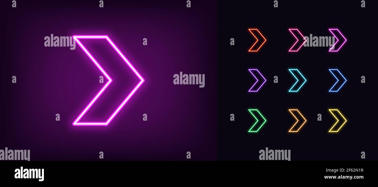 Neonpfeilsymbol. Leuchtende Neon-Bewegungszeichen, Umriss Pfeilzeiger Silhouette in lebendigen Farben. Pfeilspitze und Cursor-Navigation, Bewegungsrichtung, Moti Stock Vektor