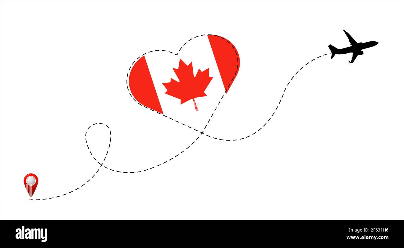 Flugstrecke mit der Kanada-Flagge im Herzen. Reise in dein geliebtes Land. Vektorgrafik. Stock Vektor