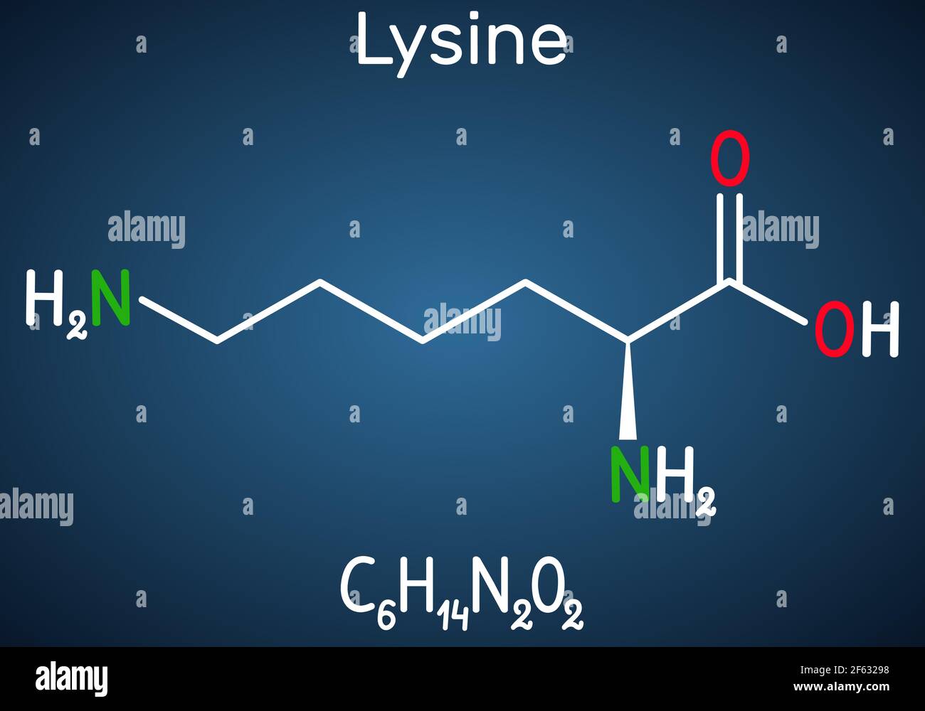 Lysin (L- Lysin , Lys, K) Aminosäuremolekül. Es wird in der Biosynthese von Proteinen verwendet. Strukturelle chemische Formel auf dem dunkelblauen Hintergrund. Stock Vektor