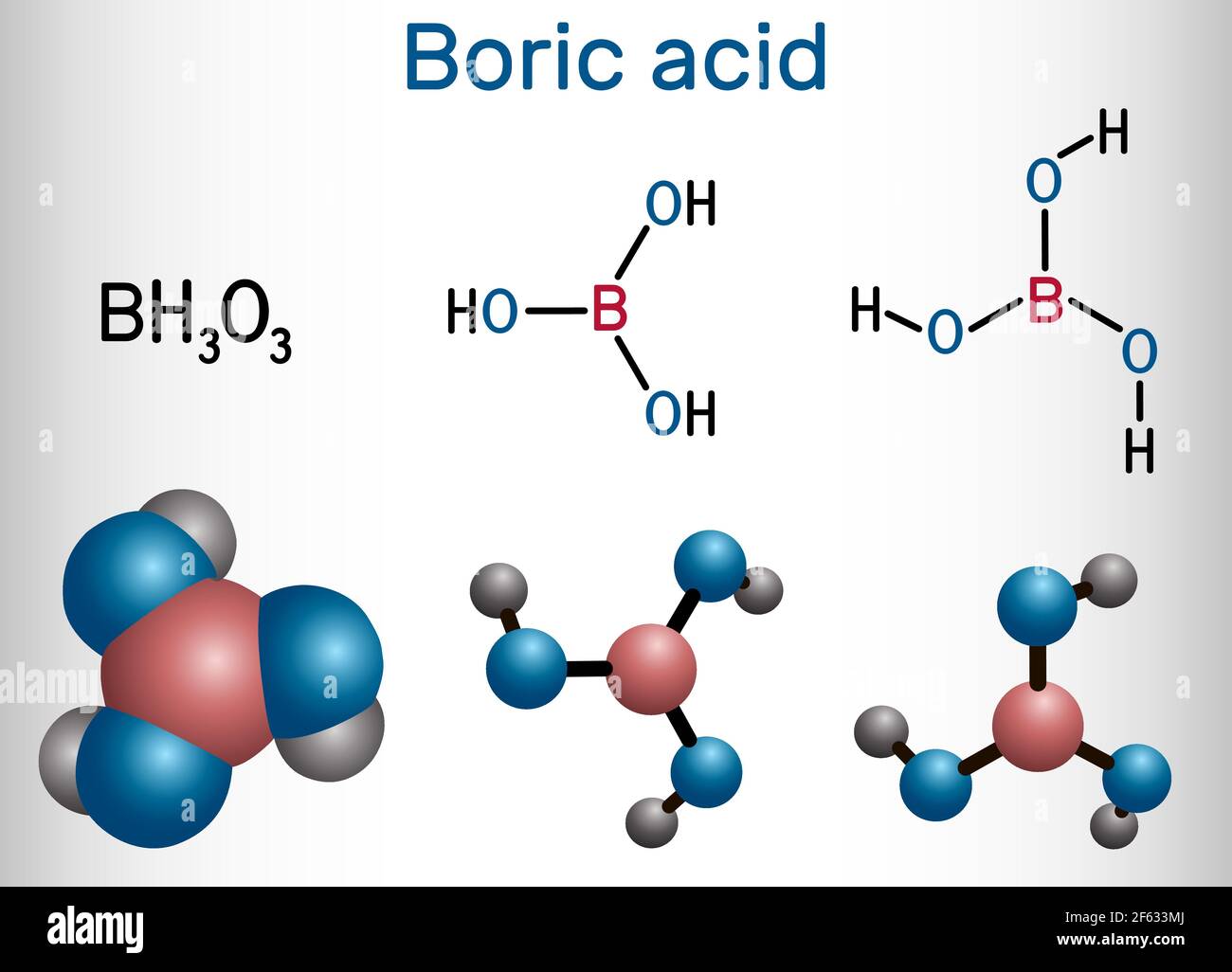 Borsäure, Wasserstoffborat, Borakinsäure, orthoborisches Säuremolekül. Es ist Hydrat von Boroxid mit antiseptischen, antimykotischen, antiviralen Eigenschaften. S Stock Vektor