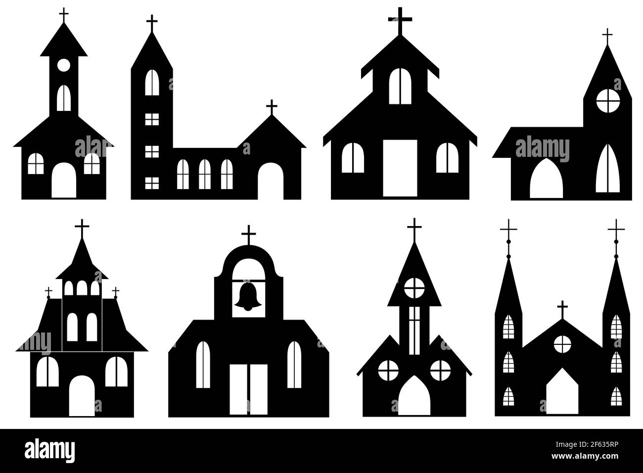 Satz von verschiedenen orthodoxen und katholischen Curches isoliert auf weiß Stockfoto