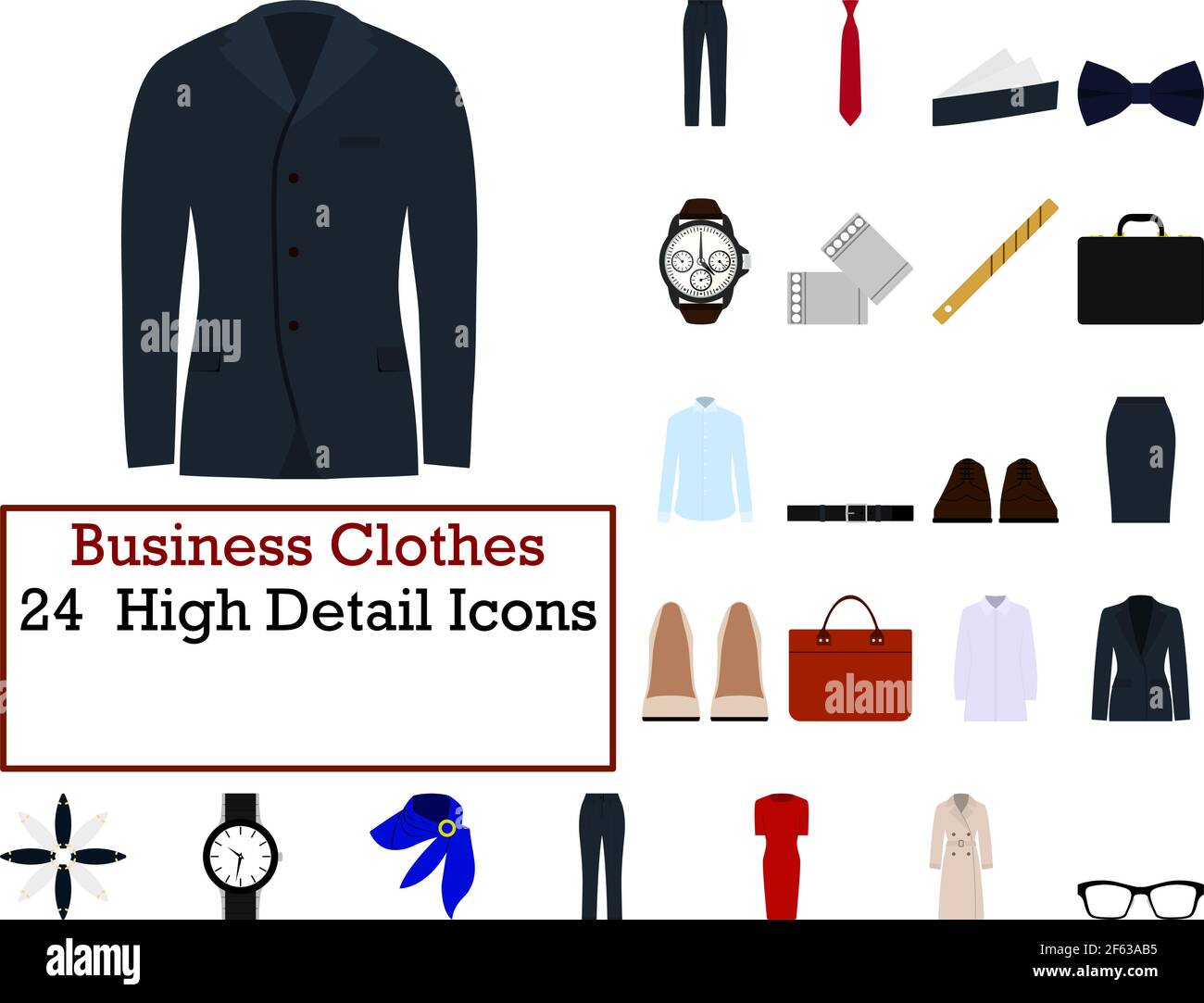 Icon-Set Für Business-Kleidung. Flaches Design. Vollständig editierbare Vektordarstellung. Text erweitert. Stock Vektor