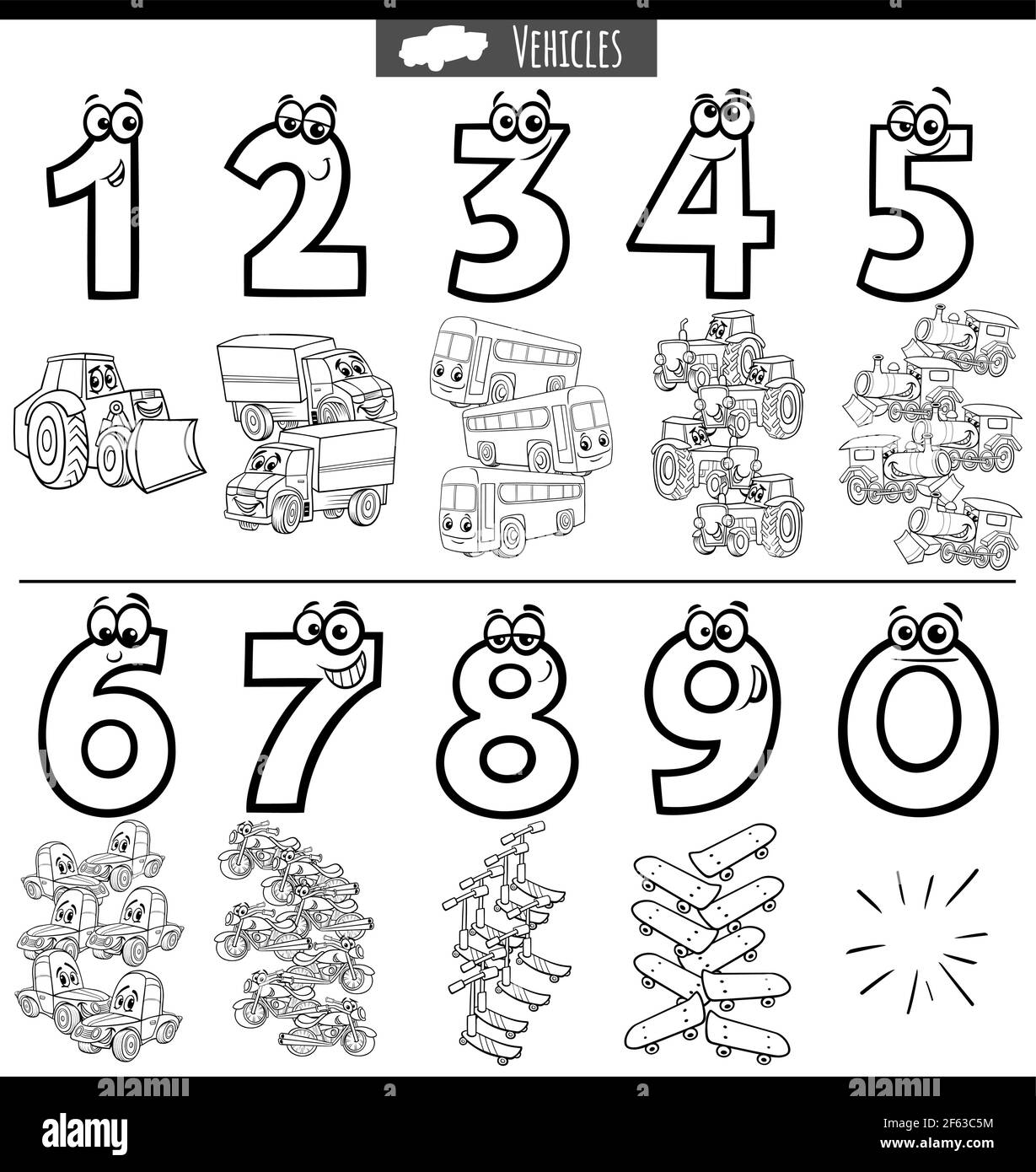 Schwarz-Weiß-Cartoon-Illustration von pädagogischen Zahlen aus gesetzt Eins bis neun mit Transportfahrzeugen Stock Vektor