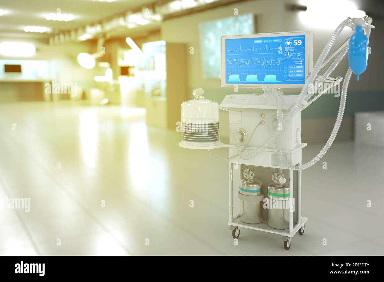 ICU künstlicher Lungenventilator mit fiktivem Design im modernen Krankenhaus mit Softfokus - STOP 2019-ncov Konzept, medizinische 3D Illustration Stockfoto