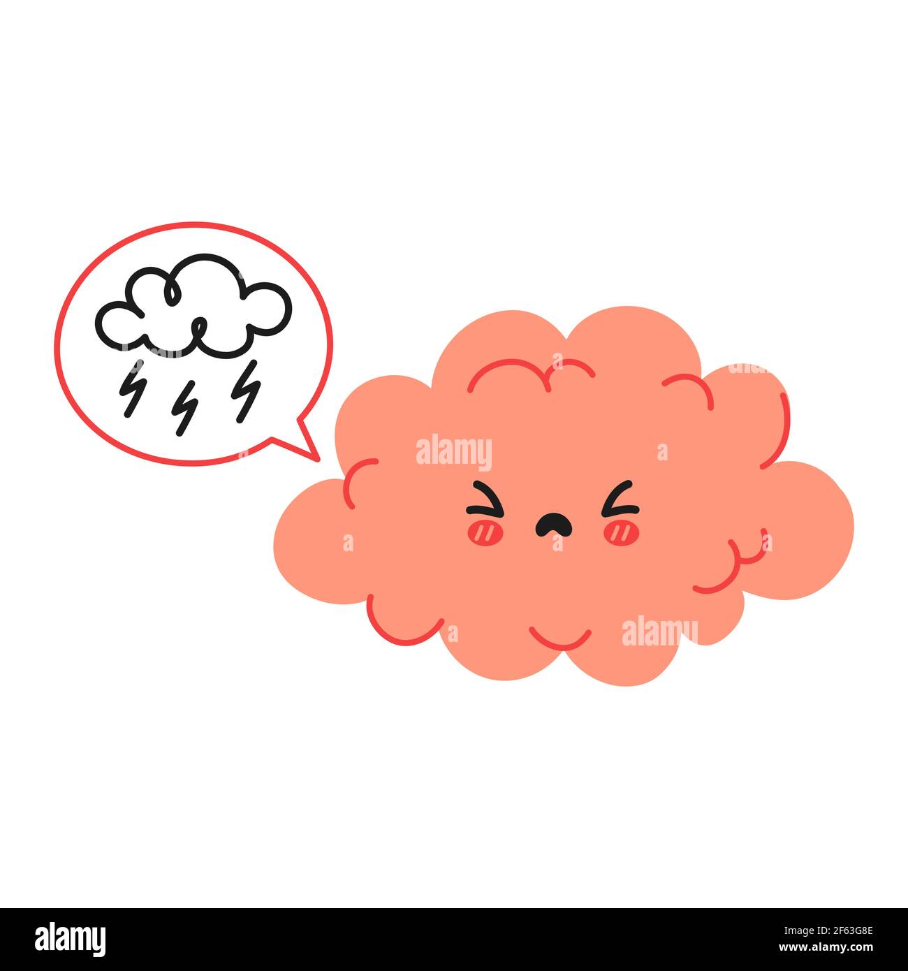 Nette lustige Gehirn Charakter und Sprechblase mit Gewitterwolke. Vektor Hand gezeichnet Cartoon kawaii Charakter Illustration Symbol. Isoliert auf weißem Hintergrund. Agerssive wütend Gehirn Charakter Konzept Stock Vektor