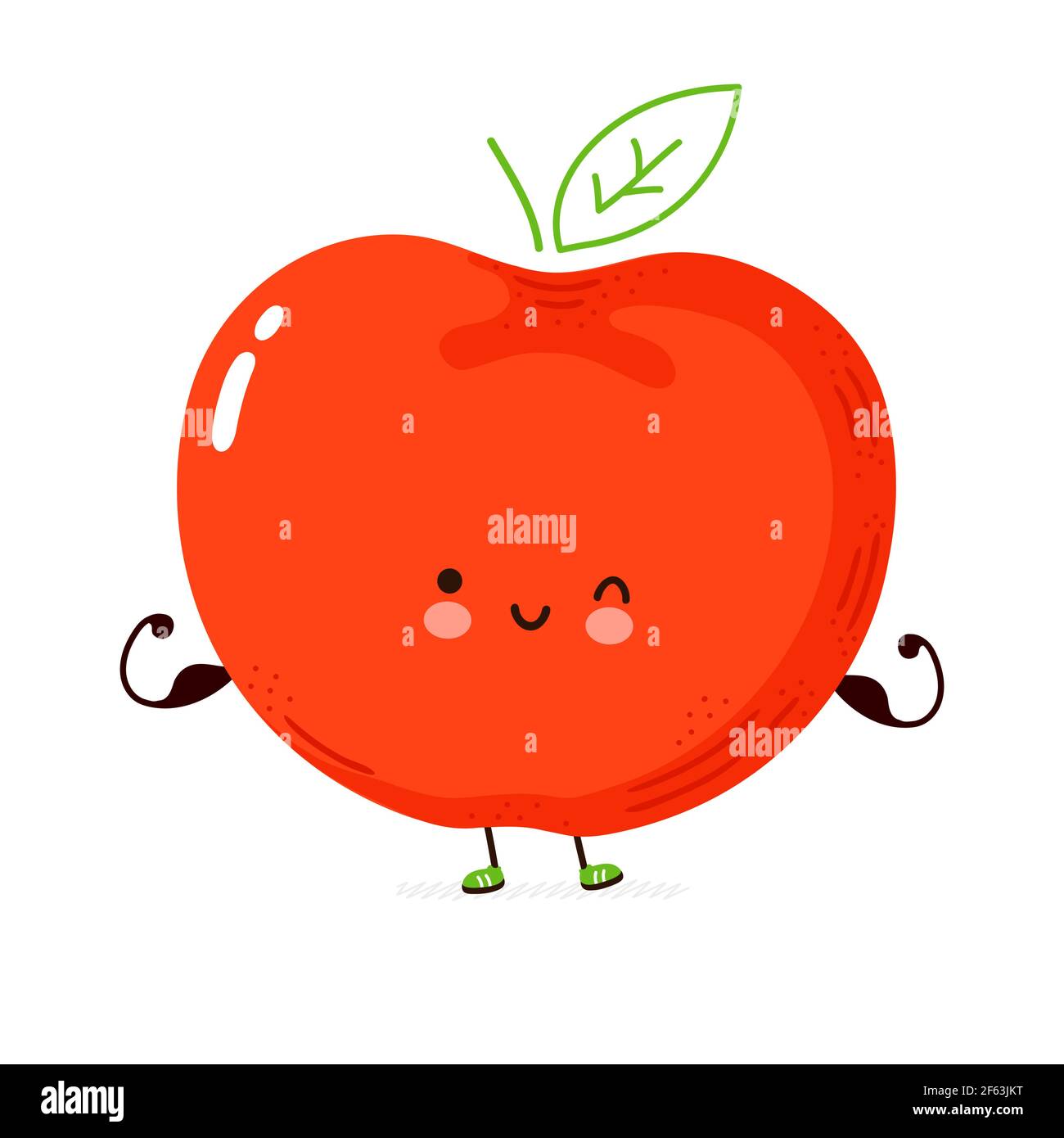 Nette lustige Apfelfrucht zeigen Muskel. Vektor Hand gezeichnet Cartoon kawaii Charakter Illustration Symbol. Isoliert auf weißem Hintergrund. Apple Fruit Fitness Konzept Stock Vektor