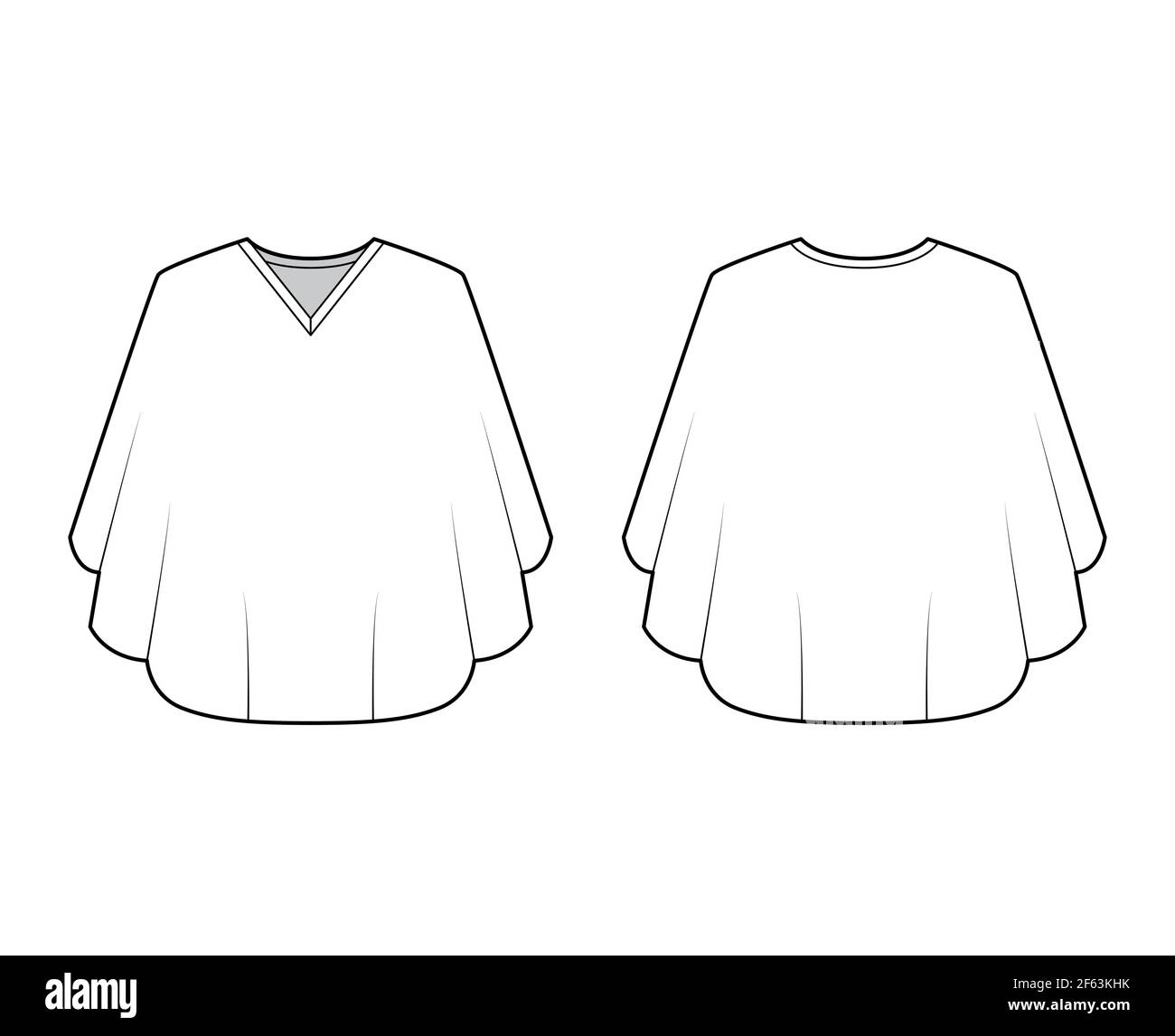 Poncho-Mantel technische Mode-Illustration mit V-Ausschnitt Kragen, übergroße Trapez Körper, Fingerspitze Länge. Flache Jacke Schablone vorne, hinten, weiß Farbe Stil. Damen, Herren, Unisex TOP CAD Mockup Stock Vektor