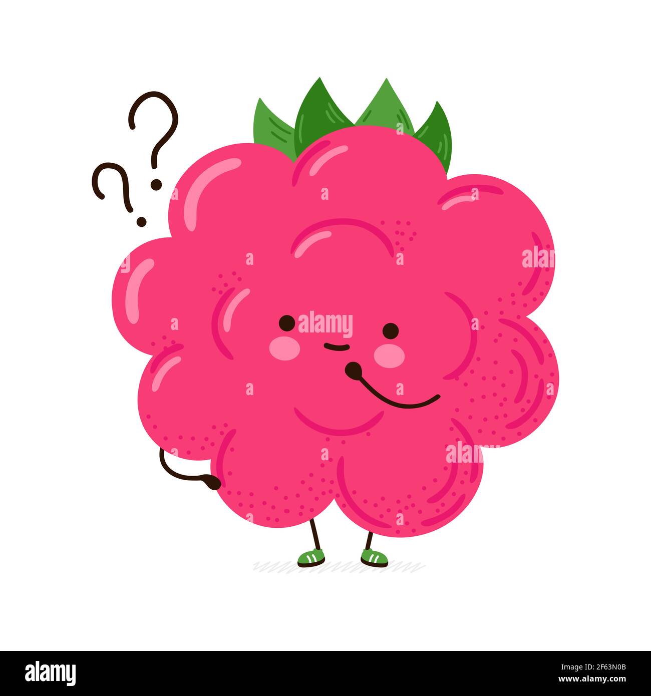 Nette lustige Himbeere mit Fragezeichen. Vektor Hand gezeichnet Cartoon kawaii Charakter Illustration Symbol. Isoliert auf weißem Hintergrund. Raspberry Think Konzept Stock Vektor