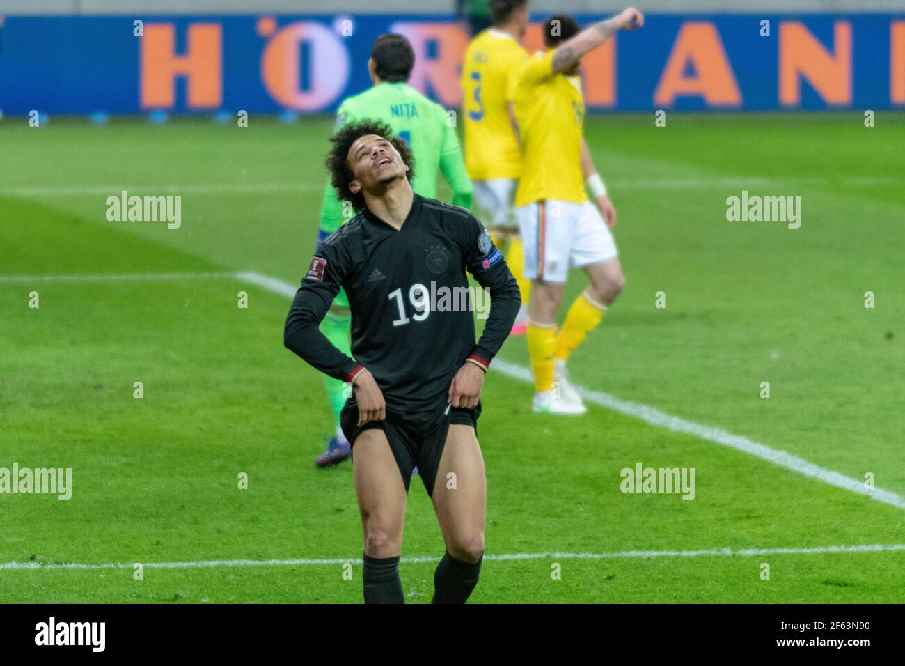 Bukarest, Rumänien. März 2021, 28th. Leroy Sane #19 von Deutschland während des FIFA World Cup 2022 Qualifying Round Spiels zwischen den Nationalmannschaften Rumäniens und Deutschlands in der Nationalarena in Bukarest, Rumänien. 28,03.2021. Foto: Copyright 2020, Quelle: Cronos/Alamy Live News Stockfoto