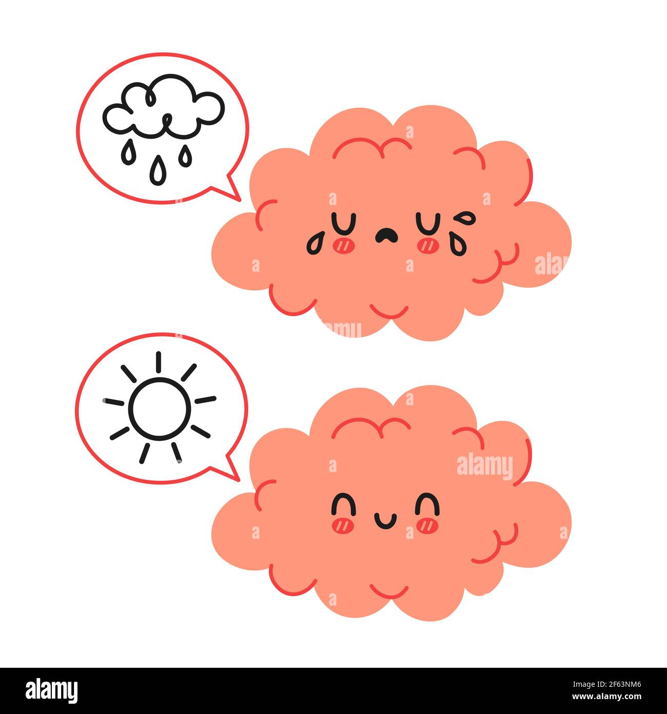 Nette lustige Gehirn Charakter und Sprechblase mit Sonne und regen Wolke. Vektor Cartoon kawaii Figur Illustration Symbol. Isoliert auf weißem Hintergrund. Gehirn traurig und glücklich Stimmung Charakter Konzept Stock Vektor