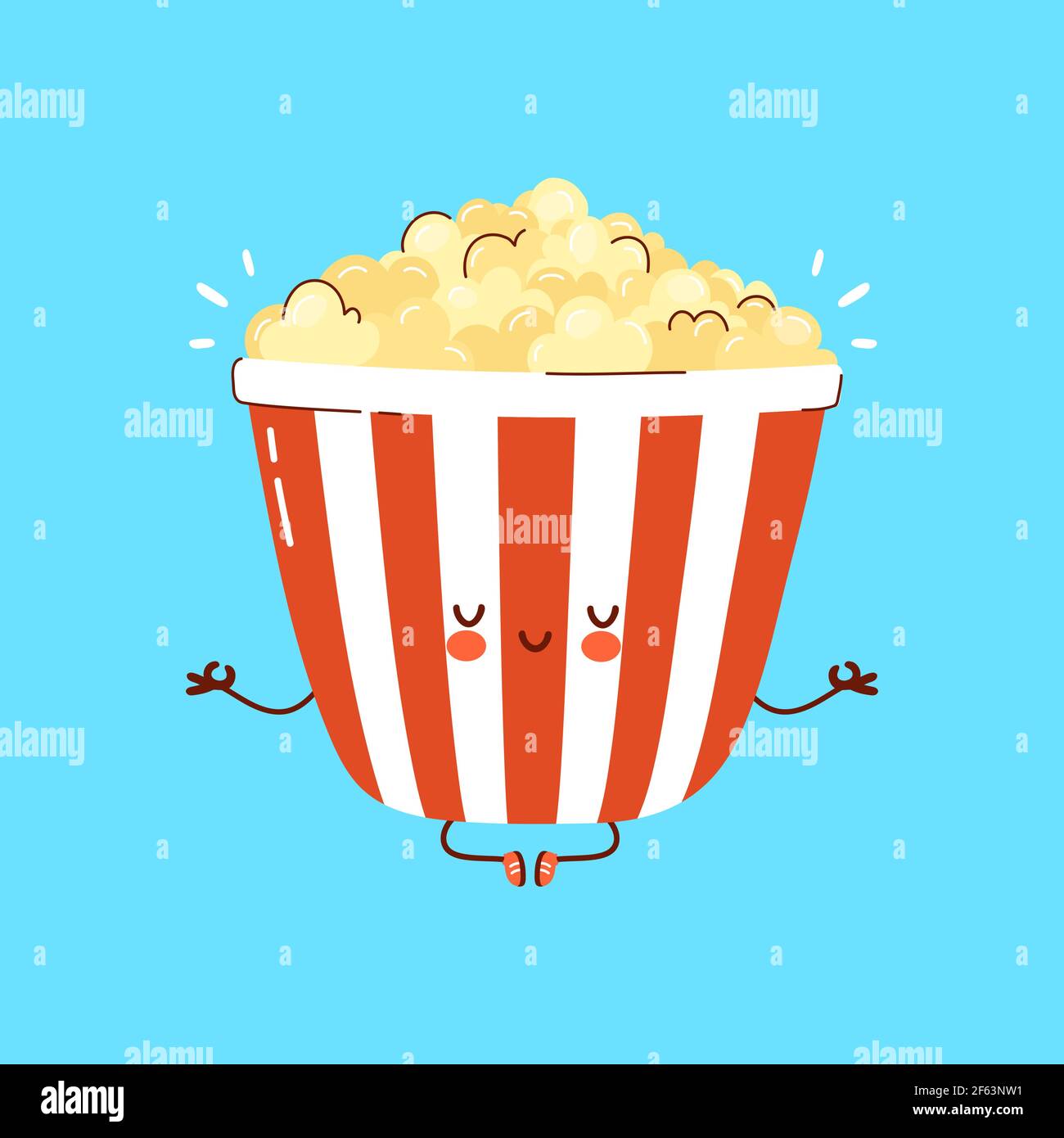Nette lustige Popcorn meditieren in Yoga-Pose. Vektor Hand gezeichnet Cartoon kawaii Charakter Illustration Symbol. Isoliert auf weißem Hintergrund. Popcorn Meditieren Konzept Stock Vektor