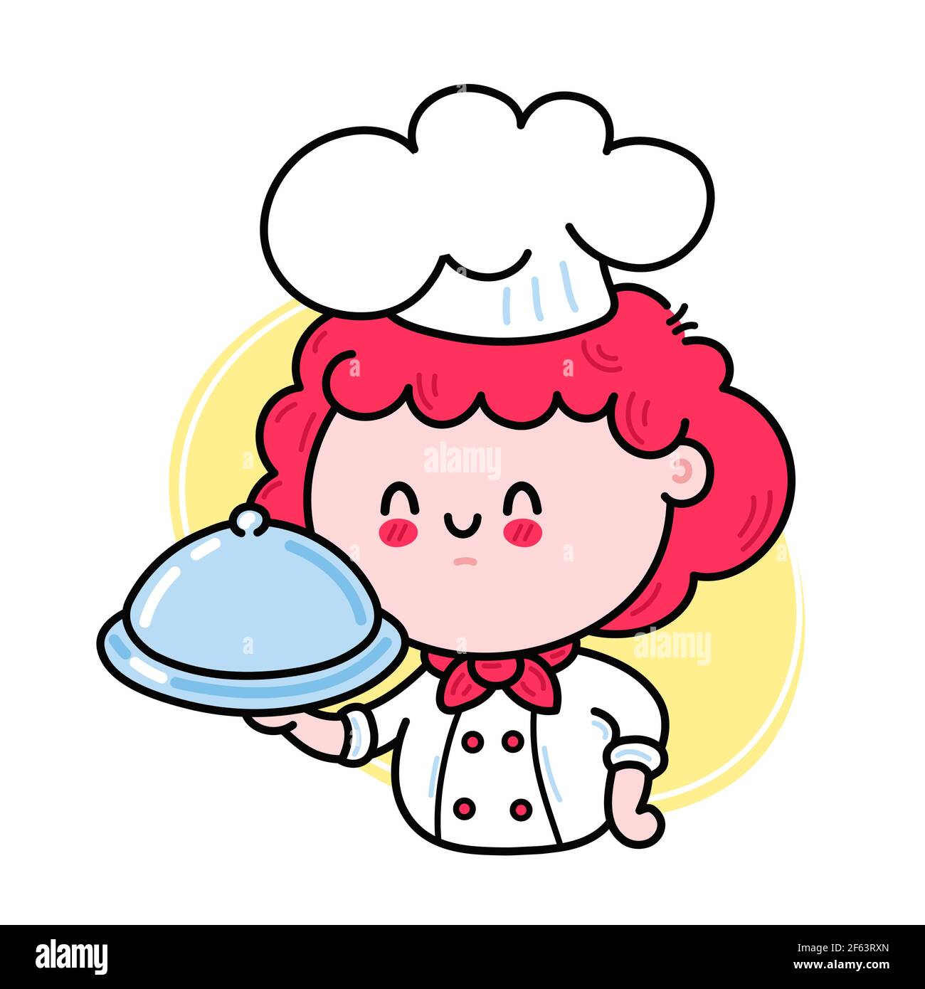 Nette lustige Koch kochen Mädchen Charakter serviert ein Gericht. Vektor Hand gezeichnet Cartoon kawaii Charakter Illustration Symbol. Isoliert auf weißem Hintergrund. Nette kawaii Frau Dame kochen Charakter Logo Konzept Stock Vektor