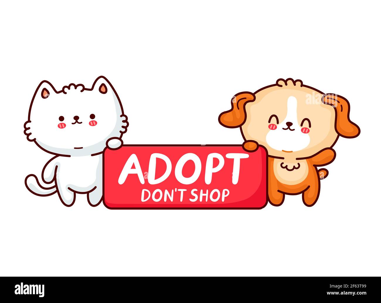 Nette lustige Hund und Katze halten Zeichen adoptieren dont Shop. Vektor flache Linie Cartoon kawaii Figur Illustration Symbol. Isoliert auf weißem Hintergrund. Adoptieren Haustiere, kittie, Welpen Konzept Stock Vektor