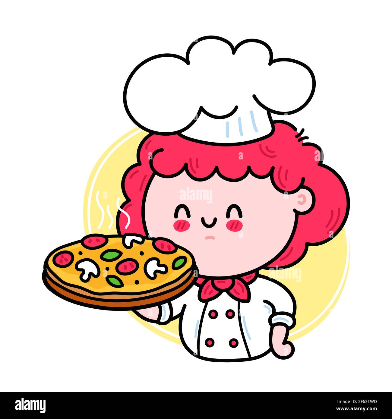 Nette lustige Koch kochen Mädchen Charakter serviert Pizza. Vektor Hand gezeichnet Cartoon kawaii Charakter Illustration Symbol. Isoliert auf weißem Hintergrund. Nette Kawaii Frau kochen Charakter mit Pizza-Logo-Konzept Stock Vektor