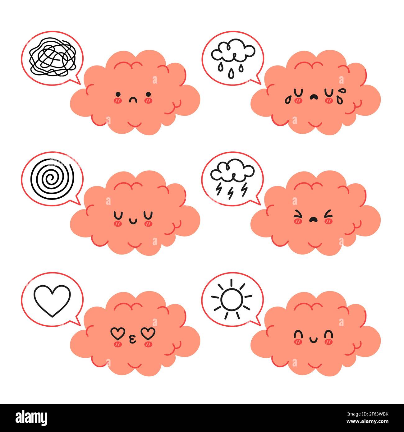 Nette lustige Gehirn-Charakter in verschiedenen emotionalen Stimmung eingestellt. Vektor Hand gezeichnet Cartoon kawaii Charakter Illustration Symbol. Isoliert auf weißem Hintergrund. Gehirn psychische Gesundheit Bündel Charakter Konzept Stock Vektor