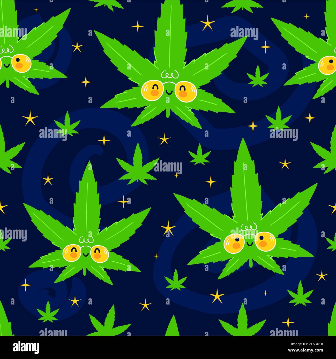 Nette lustige glücklich Unkraut Marihuana Blätter und Sterne im Raum nahtlose Muster. Vektor kawaii Cartoon Illustration Symbol Design. Niedliche Marihuana Grass nahtlose Muster Konzept Stock Vektor