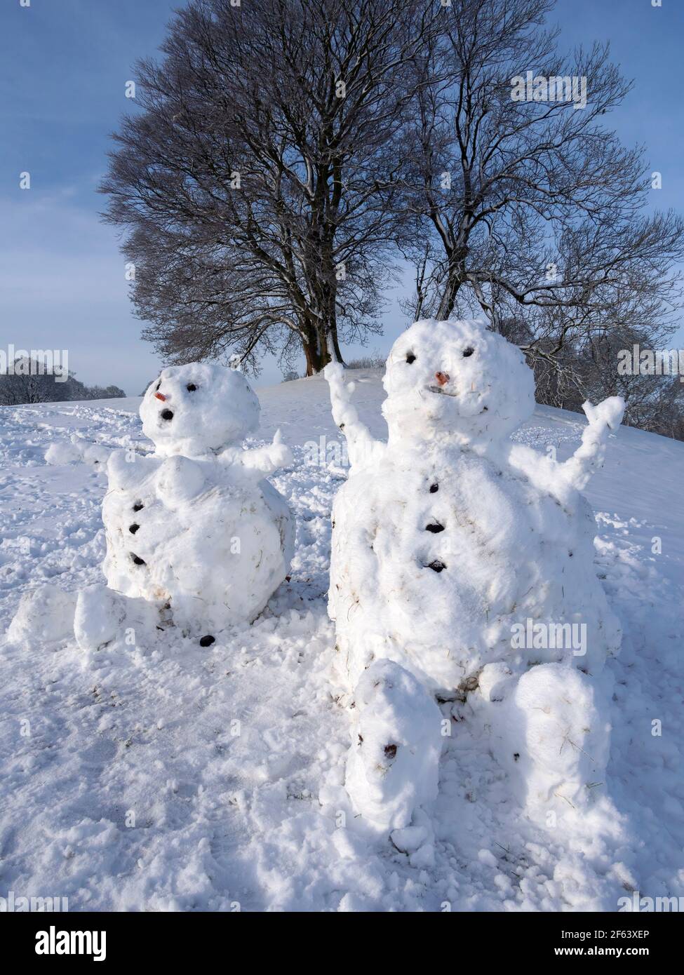 Schneemänner an einem Wintermorgen, Hawes, Wensleydale, Yorkshire Dales National Park Stockfoto