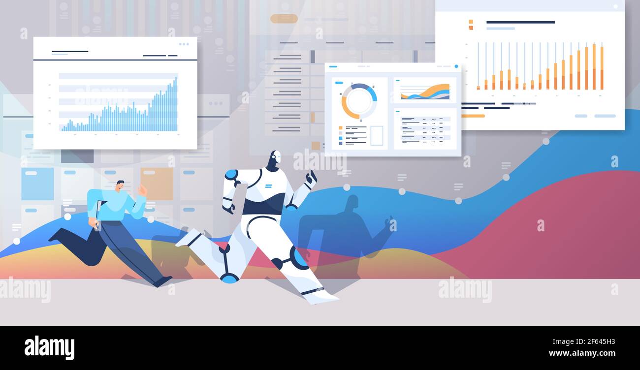 Geschäftsmann läuft mit Roboter Business Wettbewerb künstliche Intelligenz Technologie Konzept Stock Vektor