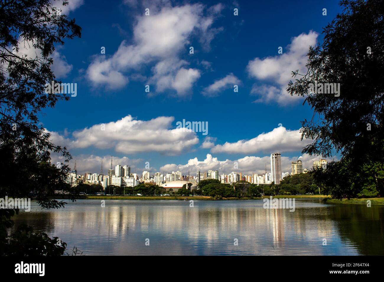 Die Skyline spiegelt sich auf dem ruhigen Wasser des Sees im Ibirapuera Park in Sao Paulo Stadt, Brasilien Stockfoto