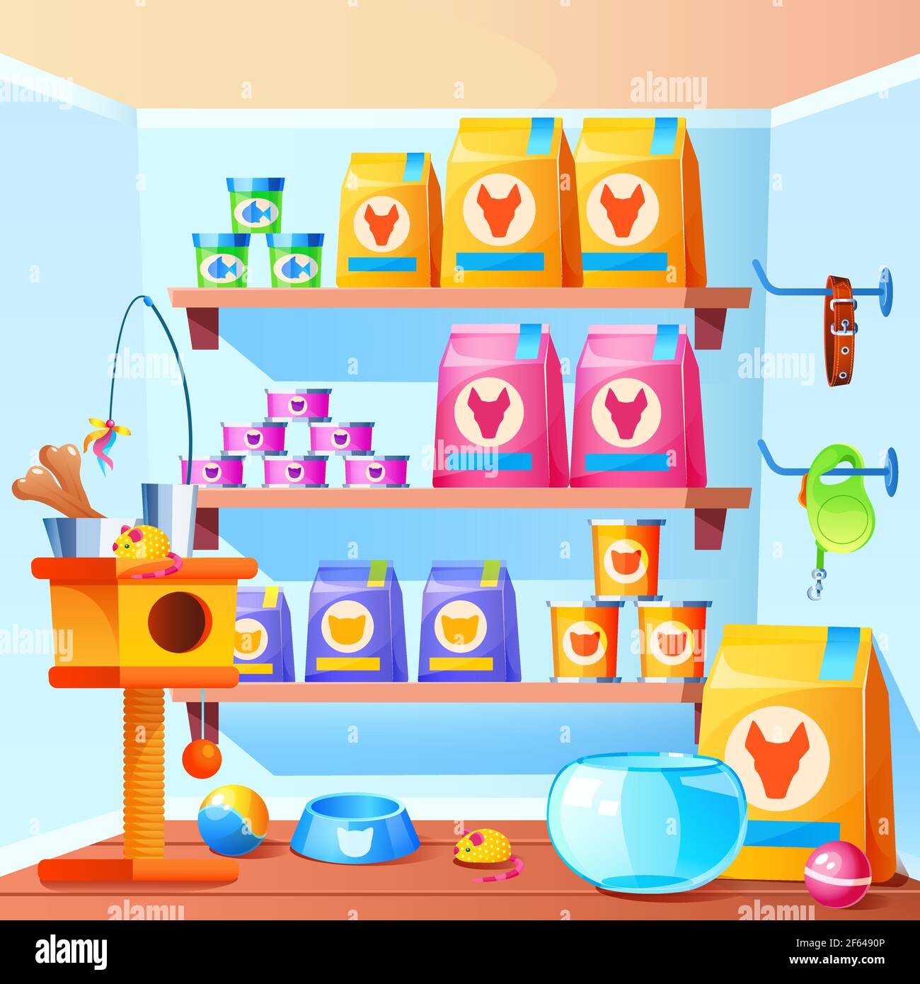 Haustiershop-Innenausstattung mit Kratzstütze für Katzen, Spielzeug, Schüssel, Futterbeutel und Dosen. Vektor-Cartoon-Illustration von Geschäft mit Zubehör für Haustiere, Aquarium für Fische, Kragen für Hunde, Bälle Stock Vektor