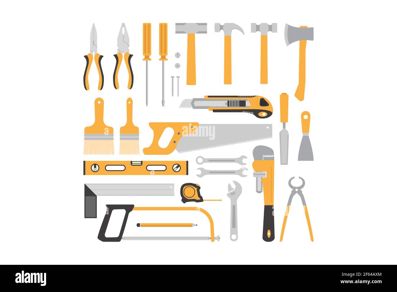 Schreinerei Werkzeuge Flat Design Konzept, gelb Schreinerei Werkzeuge Sammlung isoliert auf weißem Hintergrund Stock Vektor