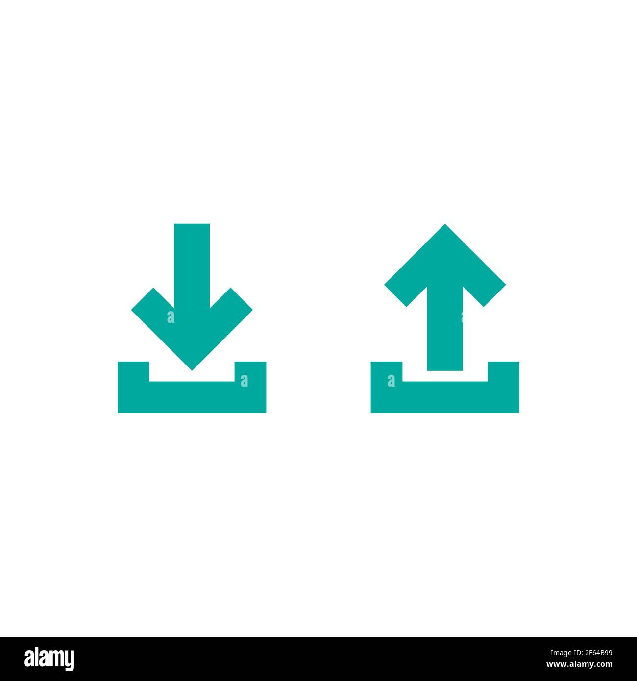 Blauer dünner Pfeil nach oben in der Box Pfeil nach unten. Flache Symbole auf weiß isoliert gesetzt. Point Down-Taste. südschild. Upload-Symbol. Upgrade, Download, Freigabe Stock Vektor