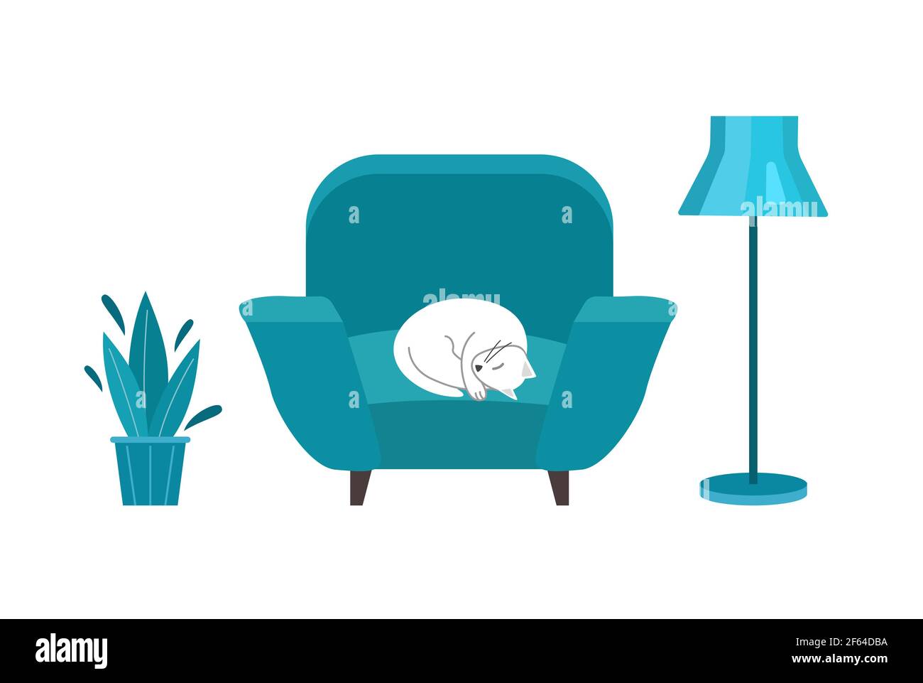 Nette Katze schläft auf Stuhl isoliert auf weiß. Konzept des gemütlichen Hauses. Zimmer mit einem blauen Stuhl, einer Lampe und einer Pflanze. Vektorgrafik im flachen Stil. Stock Vektor