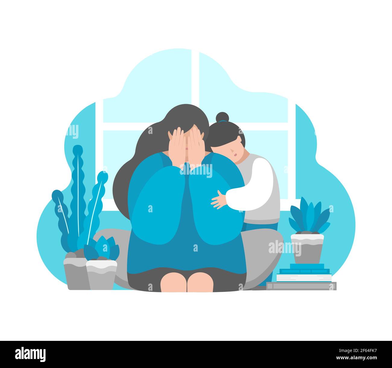 Vektor flache Illustration Konzept mit müde weinende Frau. Tochter umarmt Mutter. Postpartale Depression, emotionaler Stress und Leiden in Isolation Stock Vektor