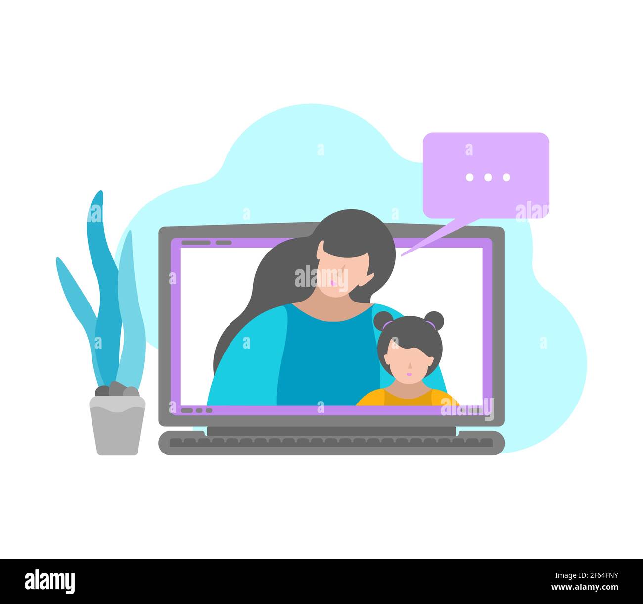 Vektor isolierte Illustration in flacher Form. Mutter und Tochter sprechen per Video-Chat mit einem Laptop. Online-Bildung mit Klasse oder Kommunikation Stock Vektor