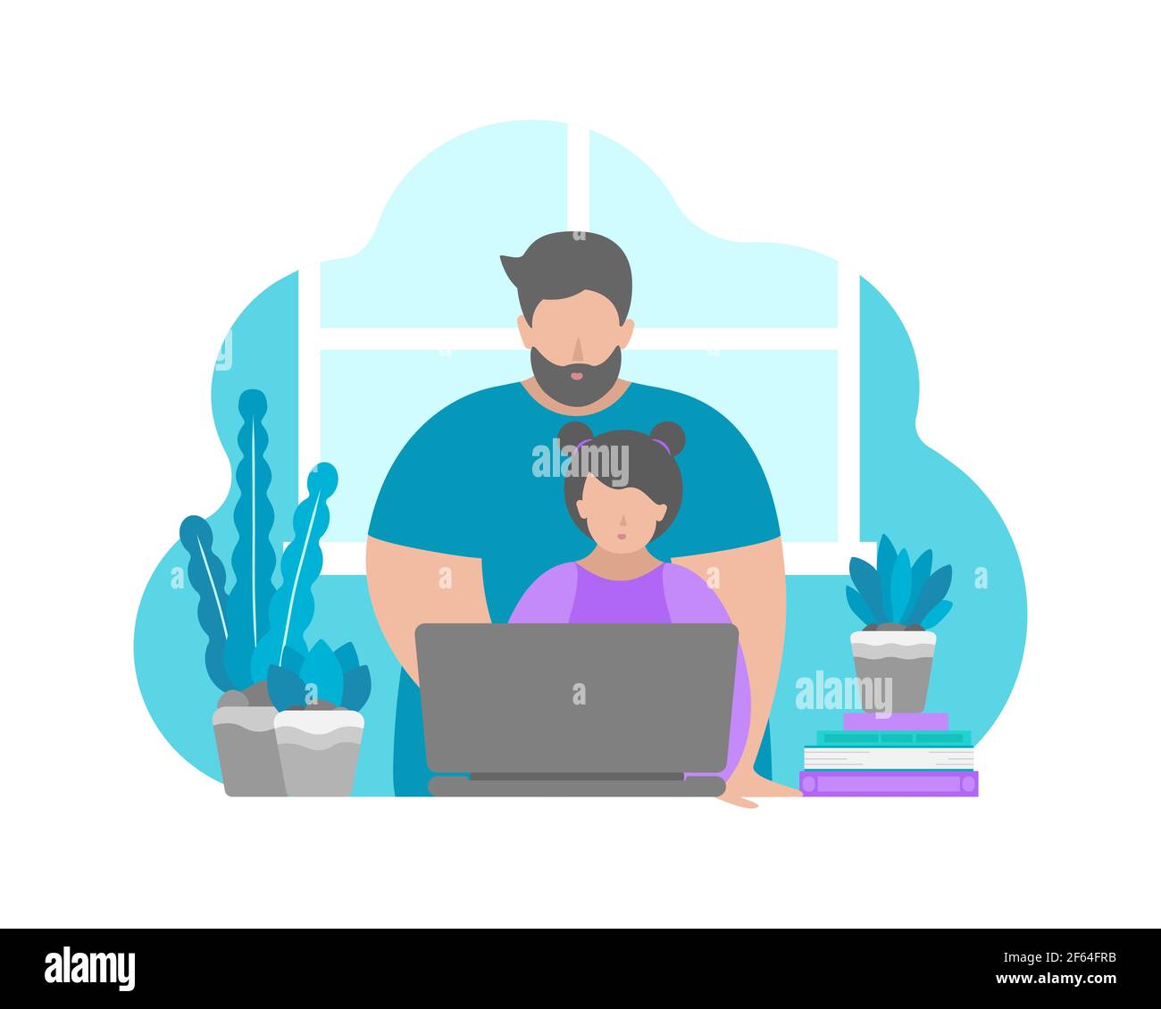 Vektorgrafik flach Stil. Sitzender Vater und Tochter mit Laptop. Online-Bildung mit Klasse in Quarantäne Zeit, Hausaufgaben mit Eltern Stock Vektor