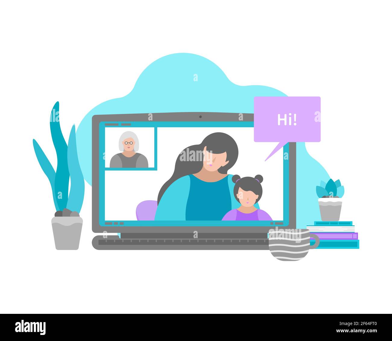 Vektor isoliert flache Illustration mit Display von Laptop und ältere Frau (Oma) und Mädchen mit Baby auf dem Bildschirm. Technologie der Online-Video-Chat Stock Vektor