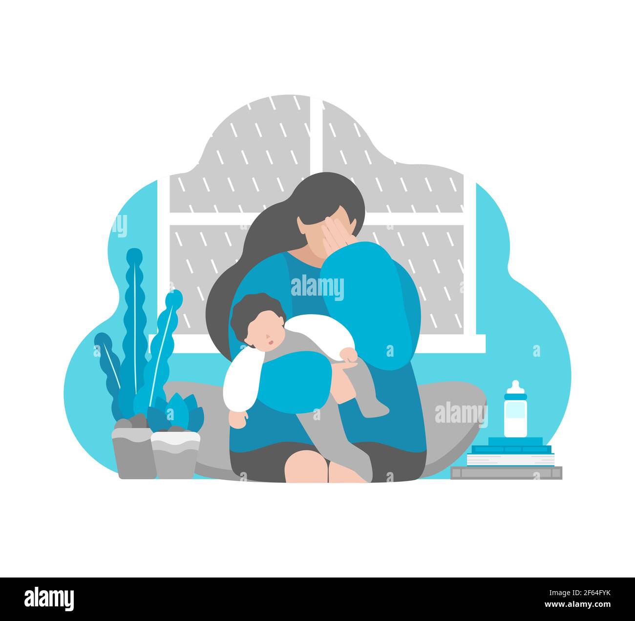 Vektor-Flat-Konzept. Müde weinende Mutter mit kleinem Baby auf den Händen. Postpartale Depression, emotionaler Stress und Angst in Isolation zu Hause Stock Vektor