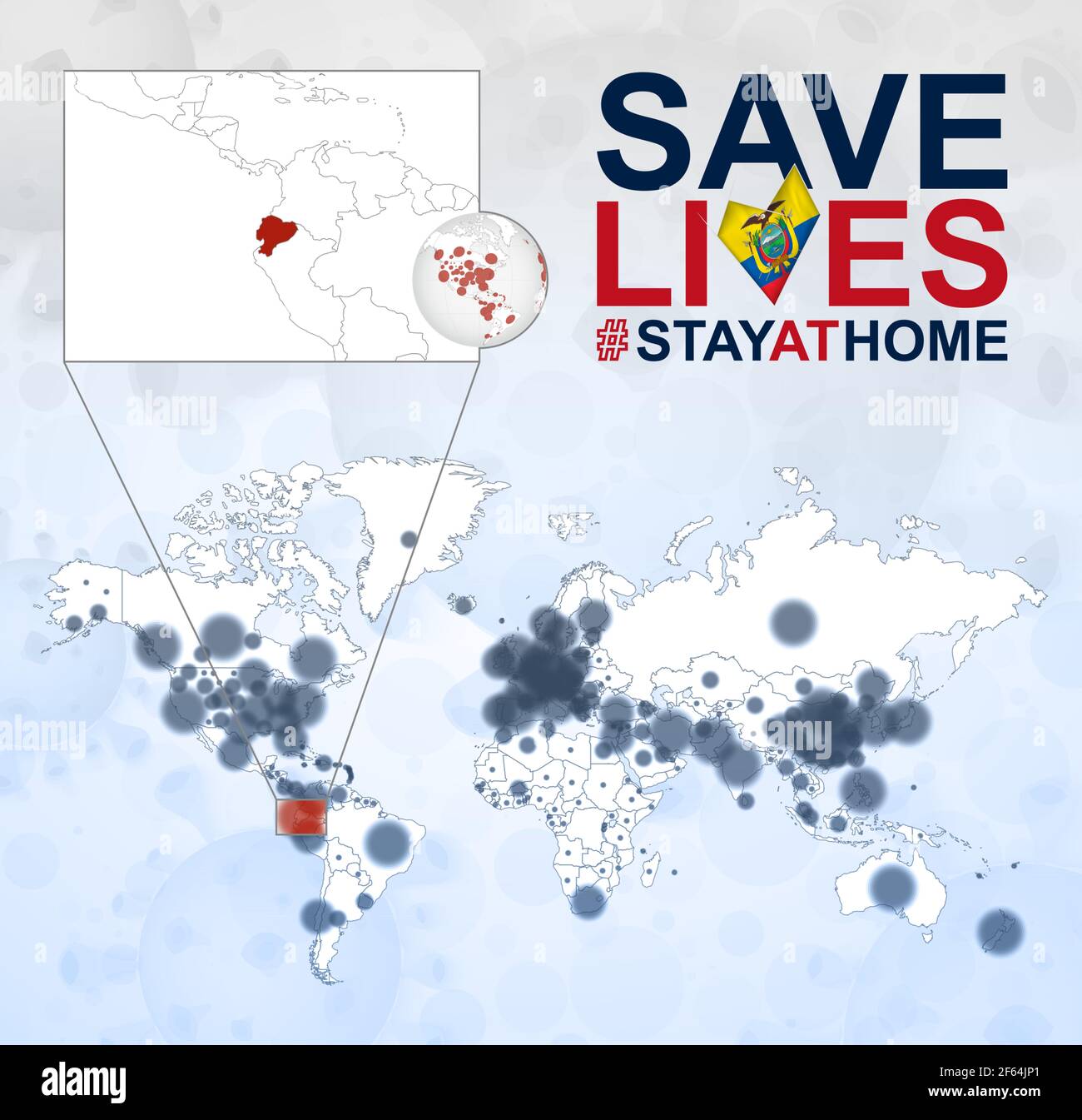 Weltkarte mit Coronavirus-Fällen Fokus auf Ecuador, COVID-19 Krankheit in Ecuador. Slogan Save lives mit Flagge von Ecuador. Vektorvorlage. Stock Vektor