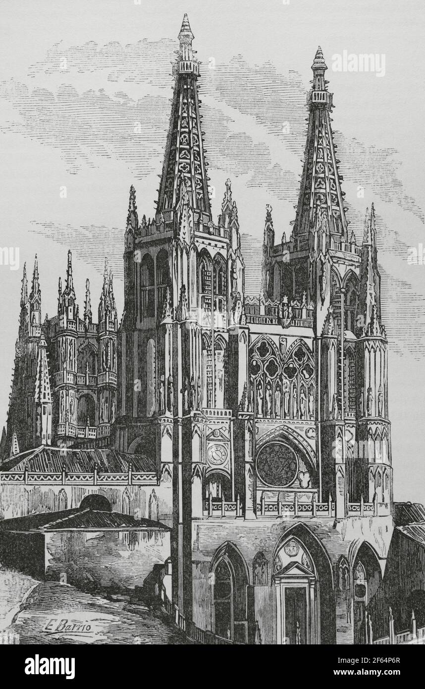 Spanien, Burgos. Kathedrale der Heiligen Maria. Außenansicht. Gravur. Cronica General de España, Historia Ilustrada y Descriptiva de sus Provincias. Castilla-La Vieja, 1870. Stockfoto