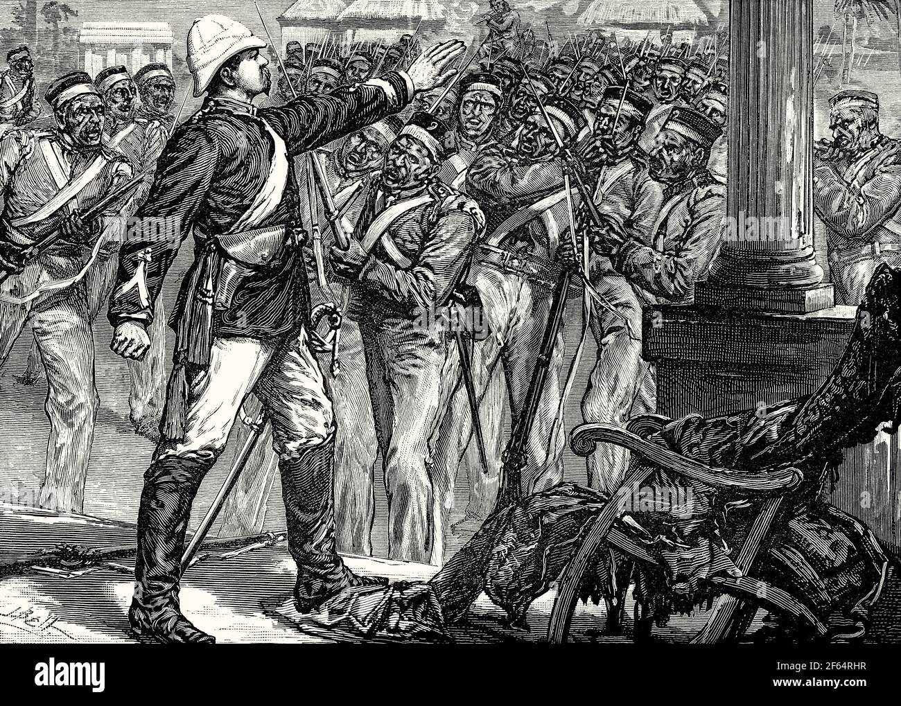 Lieutnant De Kantzow beruhigt die Sepoys bei Mynpooree, Indische Rebellion von 1857 Stockfoto