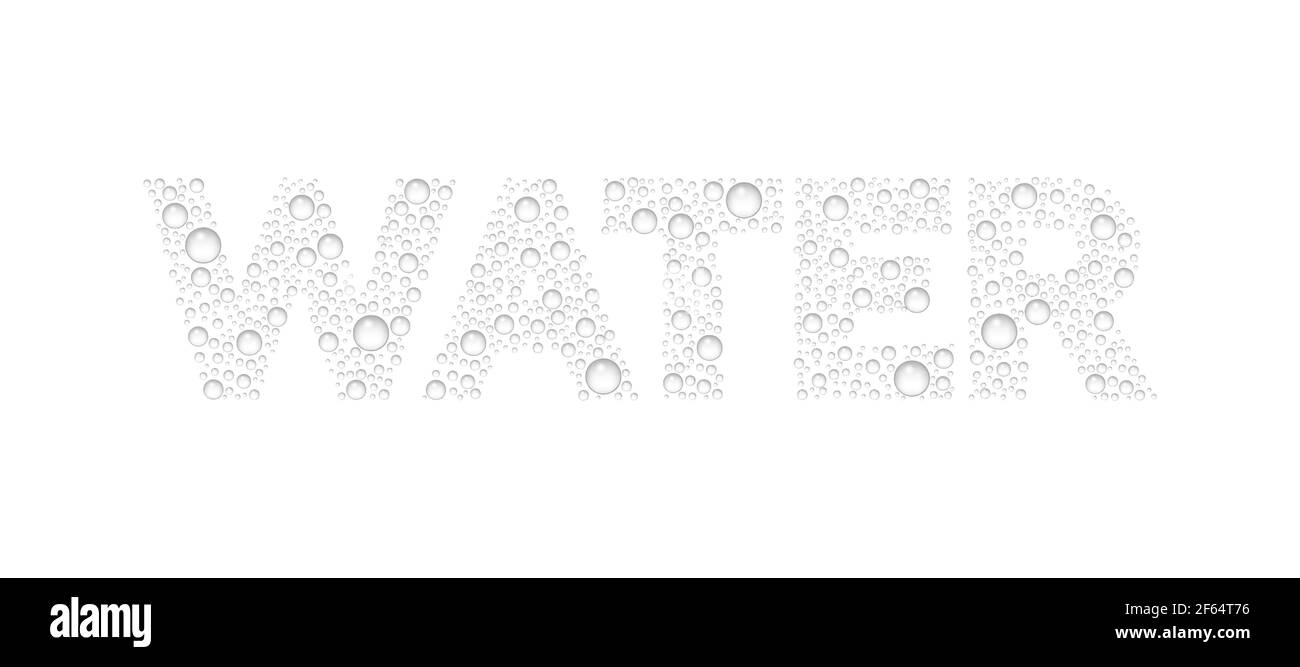 Text aus Tröpfchen Textur. Wort Wasser. Vektor realistische Wassertropfen auf weißem Hintergrund kondensiert. Regentropfen ohne Schatten für transparente Brandung Stock Vektor