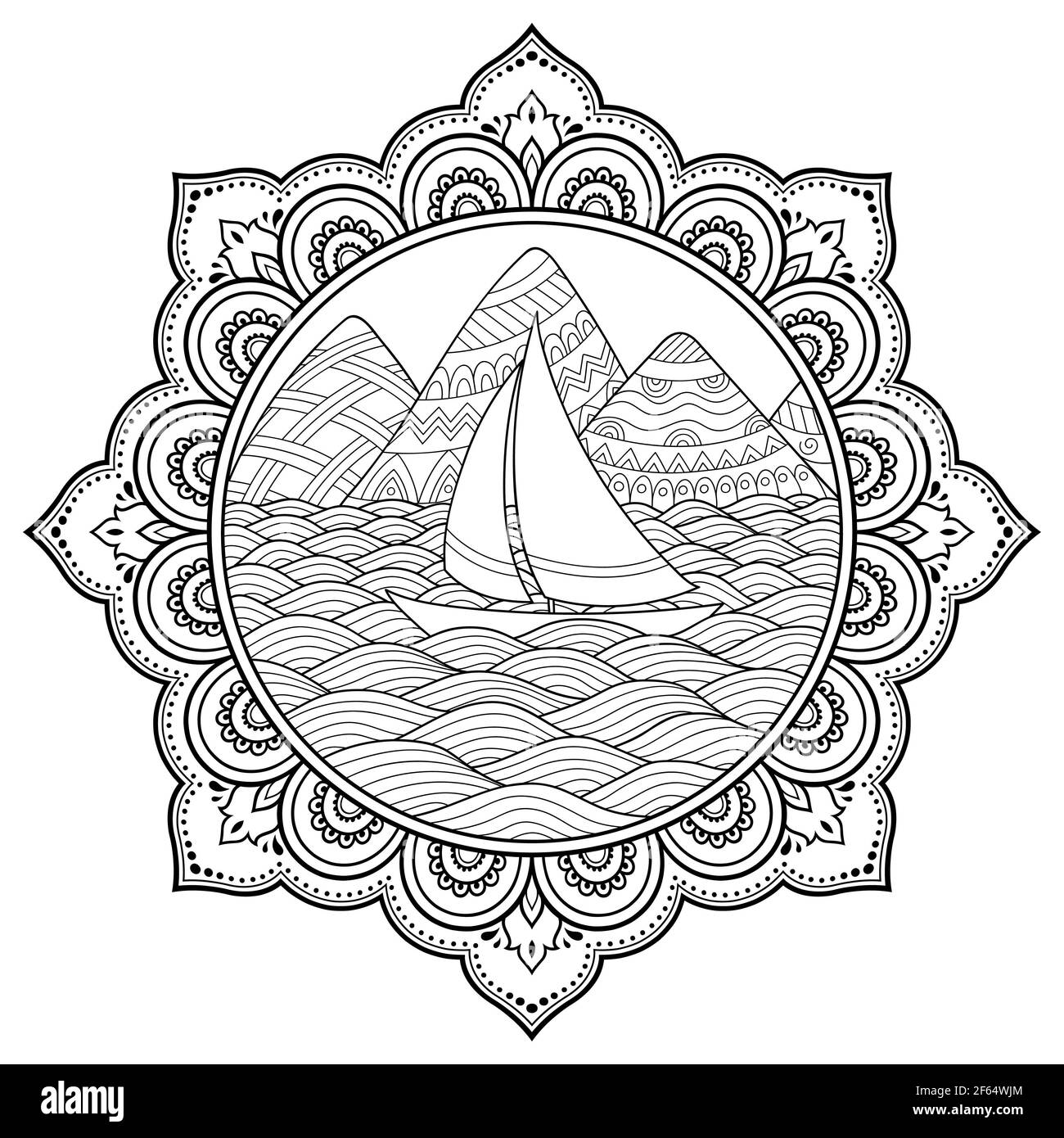Doodle Muster in schwarz und weiß. Landschaft - Berge, Flüsse, Hügel, Meer, Boot, yacht, Shore, Sail, Wave, Ocean - Bild für Kinder. Kreis Stockfoto