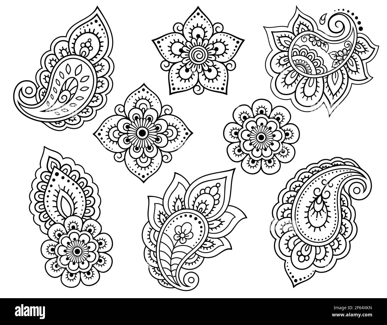 Set Mehndi Blumenmuster für Henna Zeichnung und Tattoo. Dekoration in ethnischem orientalischem, indischem Stil. Kritzelschmuck. Umriss Hand zeichnen Vektor-illuu Stockfoto